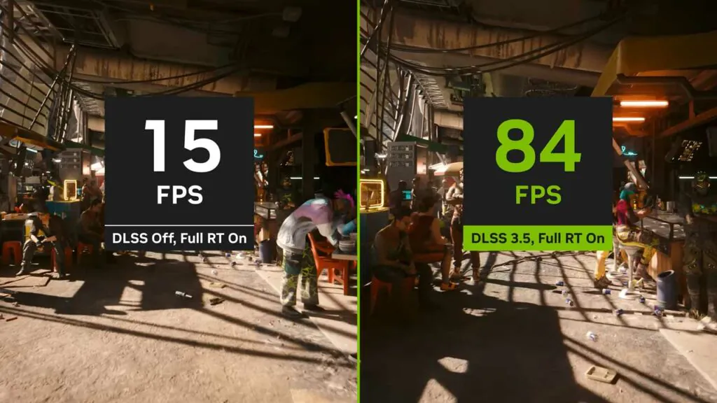 Split screen Comparison Showing Dlss off left at 15 Fps and Dlss 35 right at 84 Fps in a Busy Workshop Scene