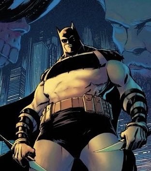 First Look at Batman and the Leader of the Red Hood Gang in Dynamic Duo Batman Stands in a Heroic Pose Before a Neon lit City Skyline Cape Flowing and Blades in Each Hand