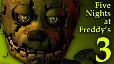 Close-up of a cracked animatronic face with glowing eyes against a green background, with the yellow title 'Five Nights at Freddy's 3'.