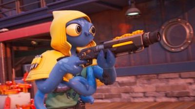 Blue anthropomorphic creature wearing a yellow hooded jacket aiming a large futuristic gun in a street setting.