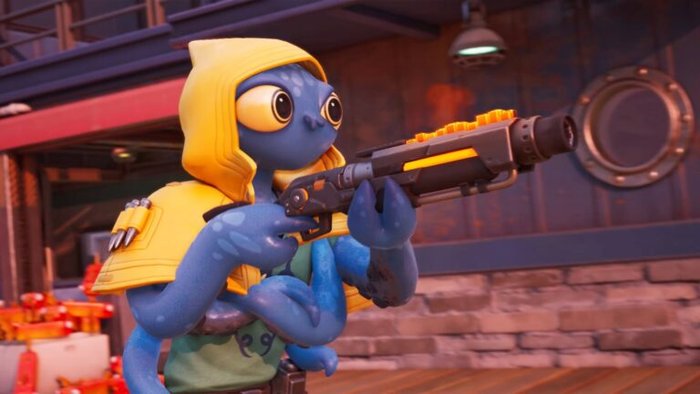 Blue anthropomorphic creature wearing a yellow hooded jacket aiming a large futuristic gun in a street setting.