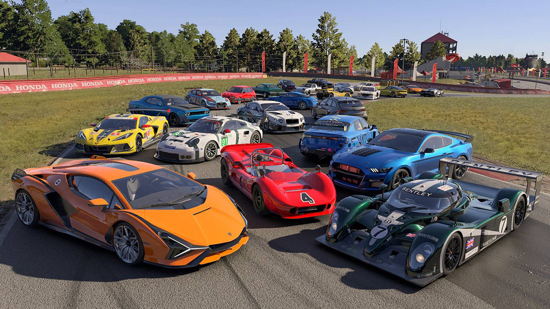 Forza motorsport xboxgamesshowcase2023 presskit 05 1x1 wm Group of Colorful Sports Cars Lined Up on a Race Track Before a Race Sunny Day Honda Banners in the Background