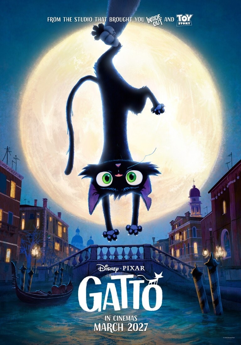 Gatto Teaser Trailer 3 Black Cat with Big Green Eyes Hangs Upside Down in Front of a Glowing Full Moon Venice like City in the Background Poster for the Movie Gatto disney Pixar in Cinemas March 2027