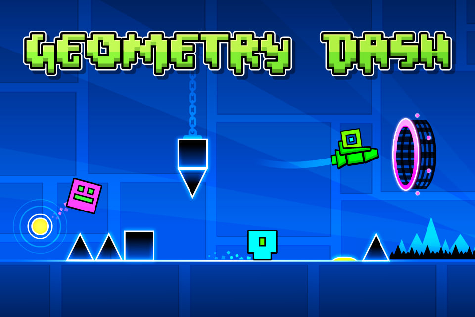 Gameplay Screenshot from Geometry Dash Blue Level with Spikes Portals a Pink Square Obstacle and a Turquoise Square Player Near the Ground