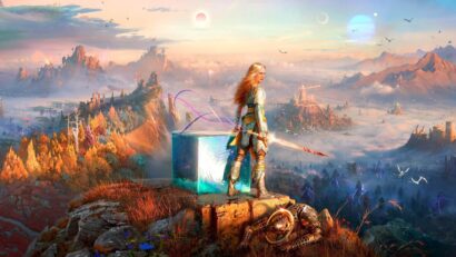 Female armored warrior stands atop a glowing blue block, overlooking a dreamlike valley of orange cliffs and distant ruins at sunset.