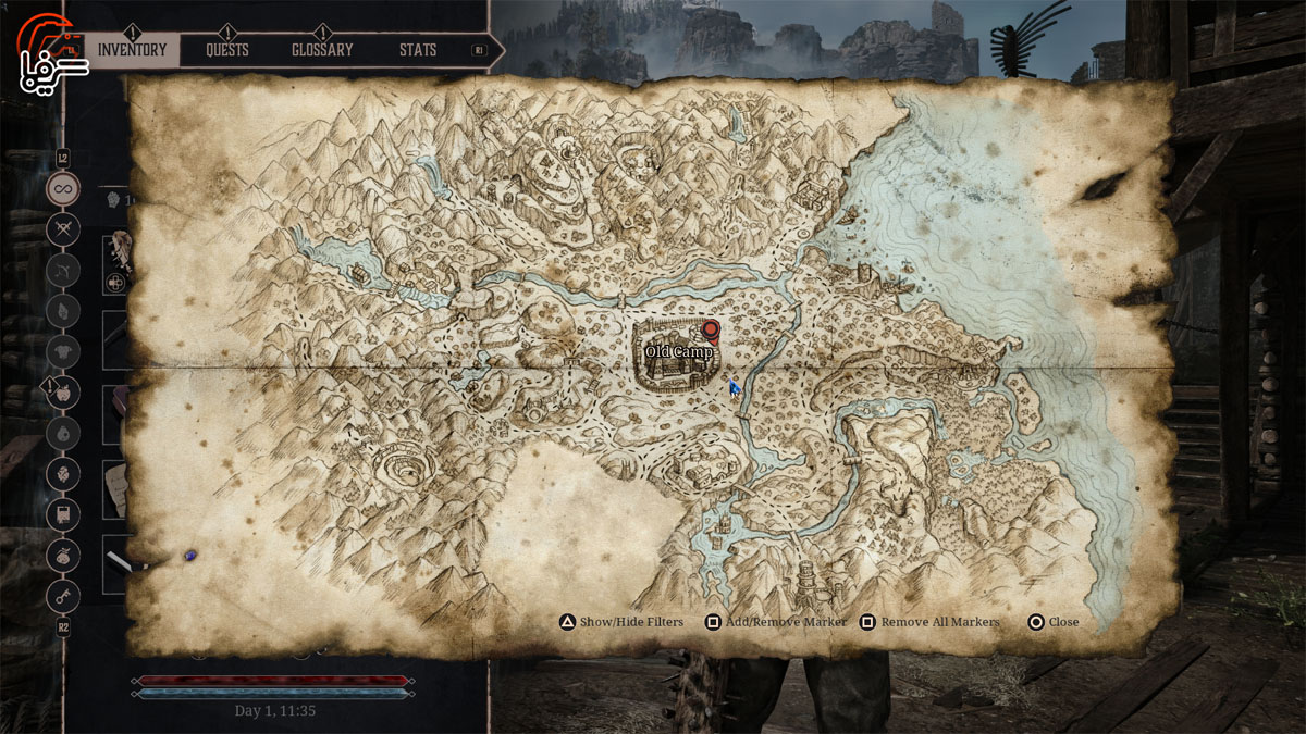 Parchment style Fantasy Map with Mountains Rivers and an Old Camp Location Marked by a Red Pin As the Objective Marker