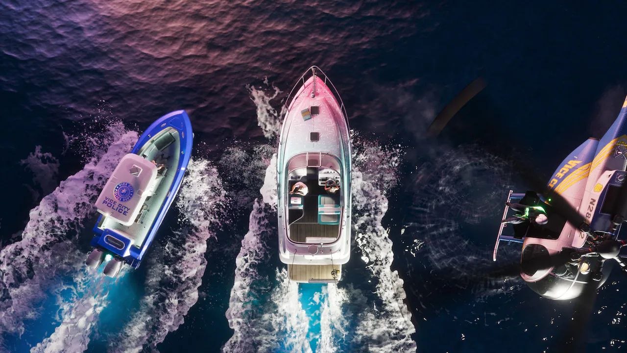 Gta 1 Aerial View of Three Speedboats at Sea Blue Police Boat on the Left Pink white Center Boat and a Helicopter Hovering Above the Right