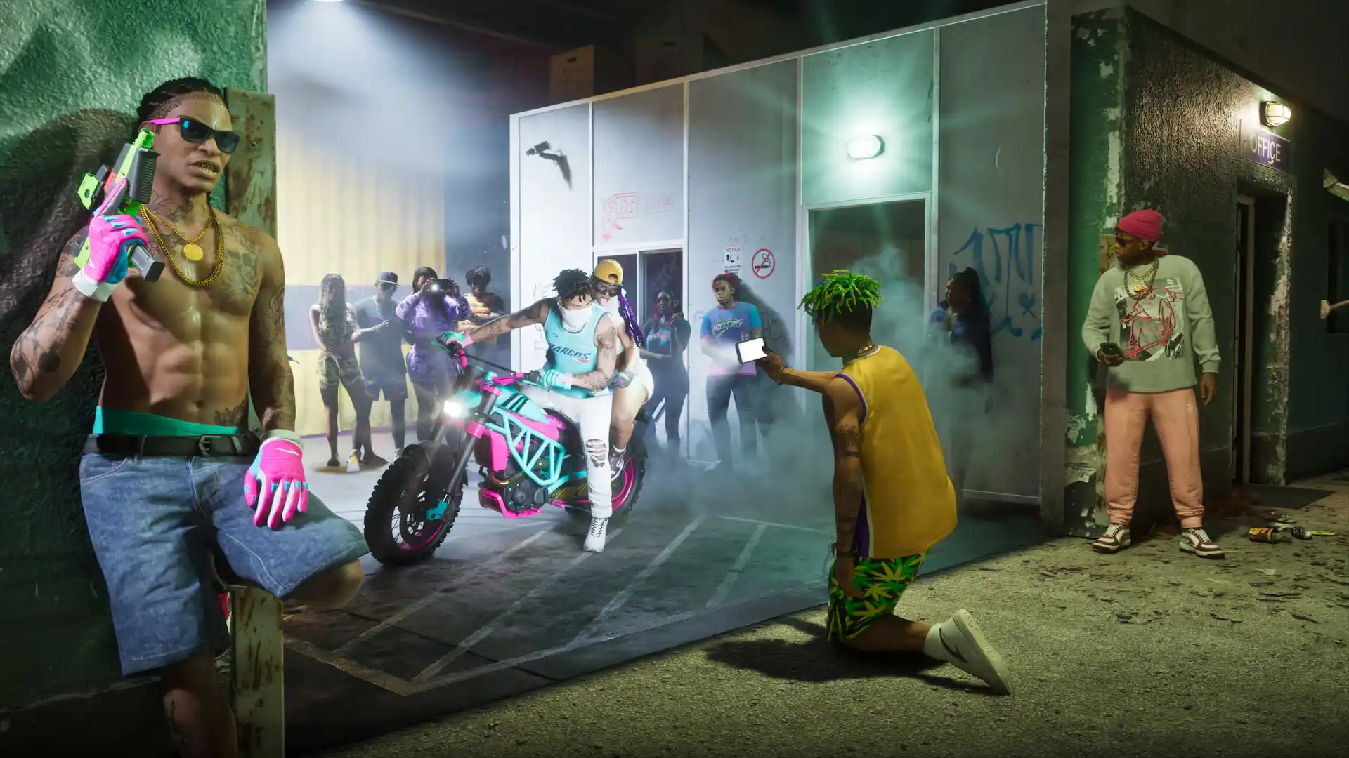 Gta 6 Group of Young People in a Neon lit Alley Around a Bright Pink and Teal Motorcycle with Smoky Lighting and Graffiti on Walls Behind Them