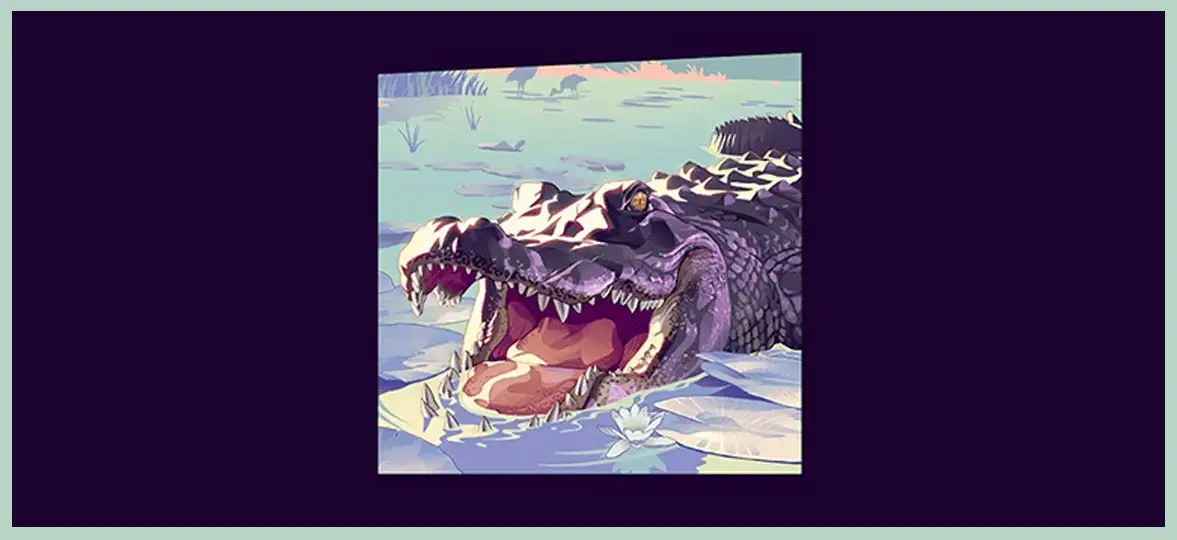 Gta 6 aligator Colorful Illustration of a Crocodile with Its Jaws Wide Open Emerging from Water Among Lily Pads and Reeds