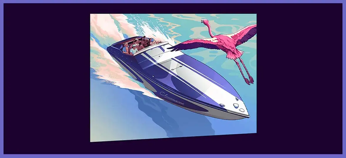 Gta 6 boat a Blue and White Speedboat with Passengers Speeding over Blue Water a Pink Flamingo Flying Nearby
