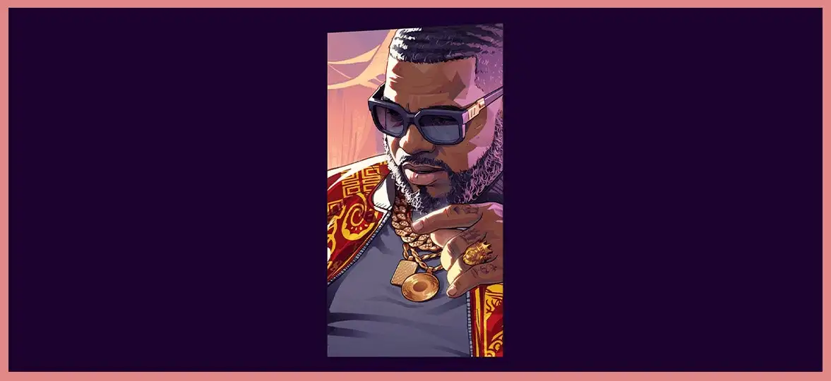 Gta 6 boobie ike Stylized Portrait of a Man Wearing Sunglasses a Gold Chain Rings and a Patterned Red Jacket Pointing Toward the Viewer