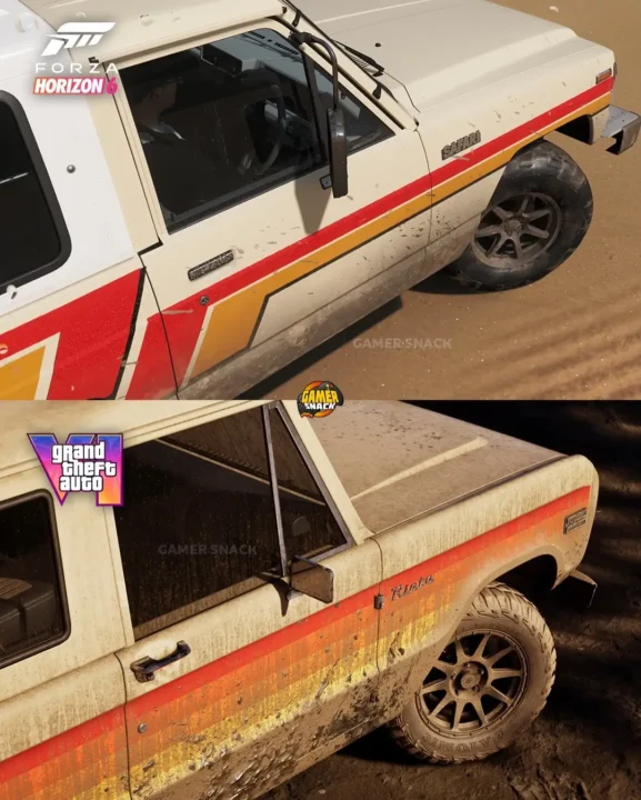 Two Angles of a Beige Off road Suv with Red and Orange Stripes in a Sandy Desert with Game Overlays Forza Horizon 6 and Gta V