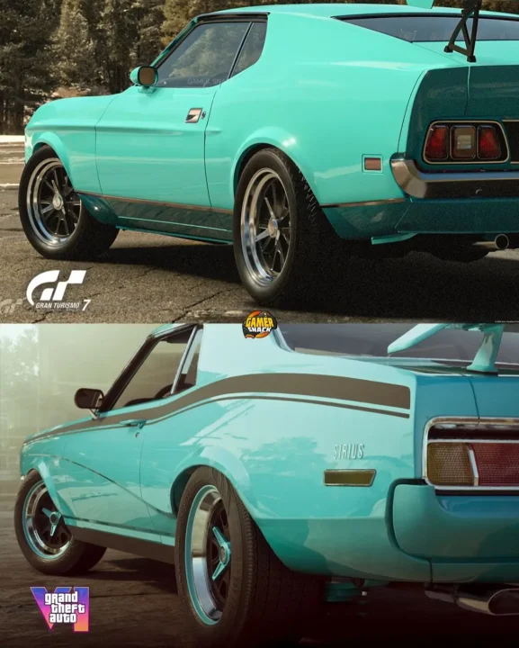 Two Vintage Turquoise Muscle Cars Parked Side by Side Outdoors Featuring Retro Styling and Gta Logos top Car Showing Rear Bottom Car Showing Rear Side