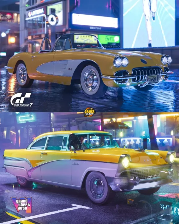 Two Yellow Vintage Cars in a Neon lit City at Night One Convertible on Top and a Classic Sedan Below with Chrome Details and Reflections on the Wet Street