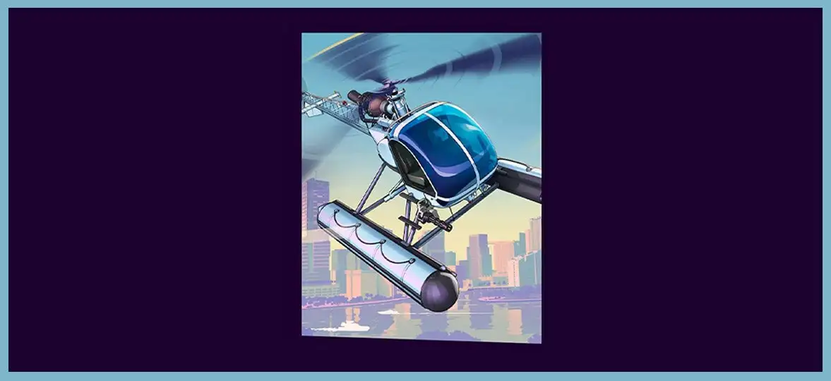 Gta 6 helicopter Blue Futuristic Helicopter with a Glass Cockpit Hovering Above a City Skyline over Water in a Colorful Sunset Scene