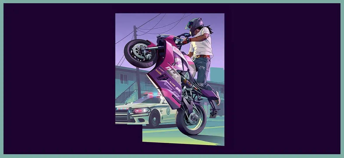 Gta 6 motorbike Stylized Illustration of a Rider Performing a Wheelie on a Pink Sport Motorcycle with a Police Car in the Background