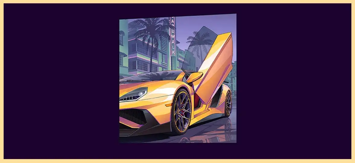 Gta 6 supercar Orange Luxury Sports Car with Scissor Doors Open on a City Street at Duskneon lit Scene with Palm Trees in the Background Vibrant and Futuristic