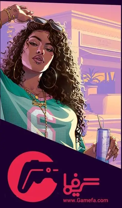 Gta 6 Illustrated Woman with Curly Hair Hoop Earrings Sunglasses on Her Head Holding a Drink Against a Sunset Backdrop with a Gamefa Logo at the Bottom