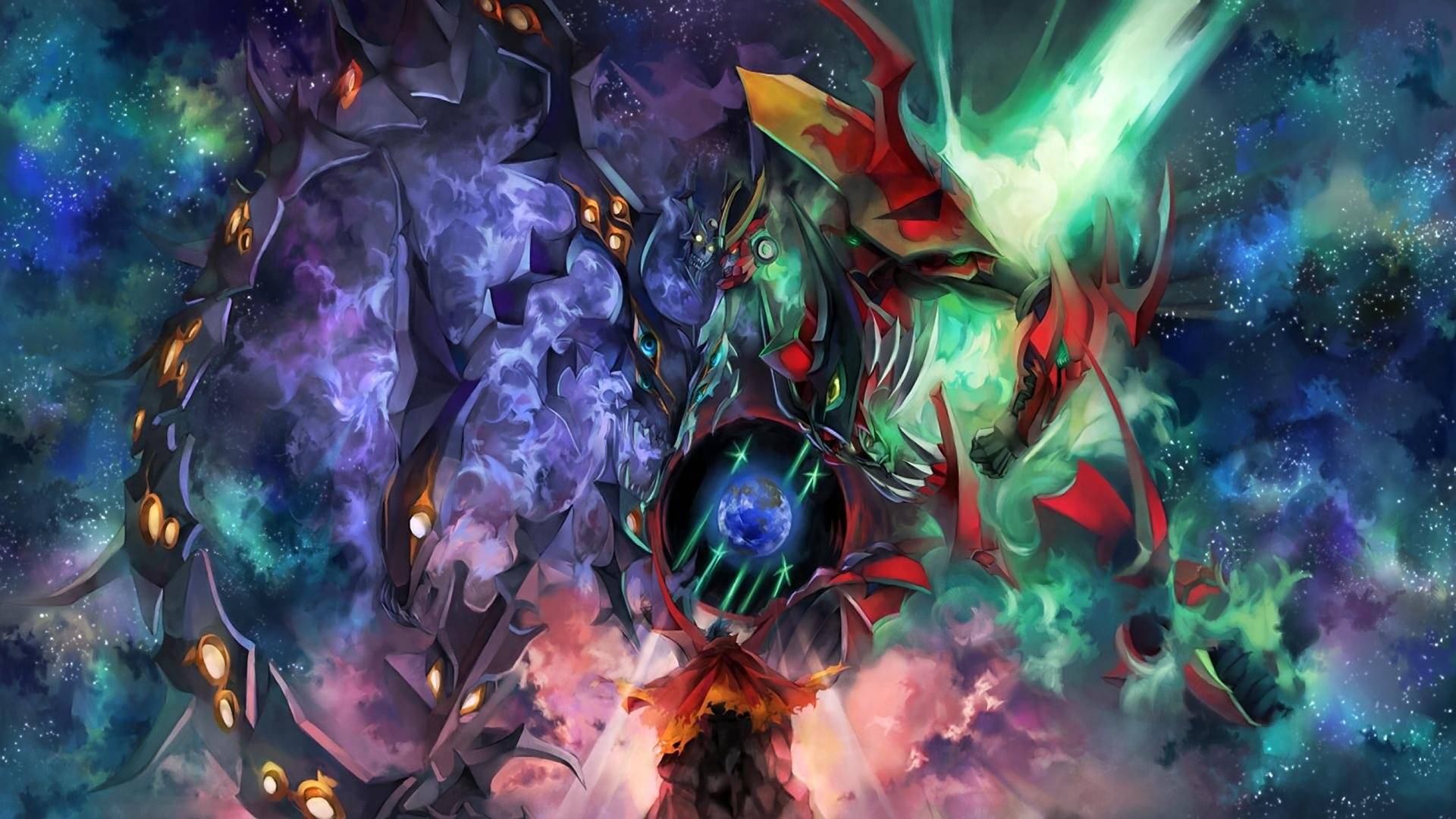 Colorful Dragon like Creature with Glowing Green and Red Accents Against a Starry Cosmic Background