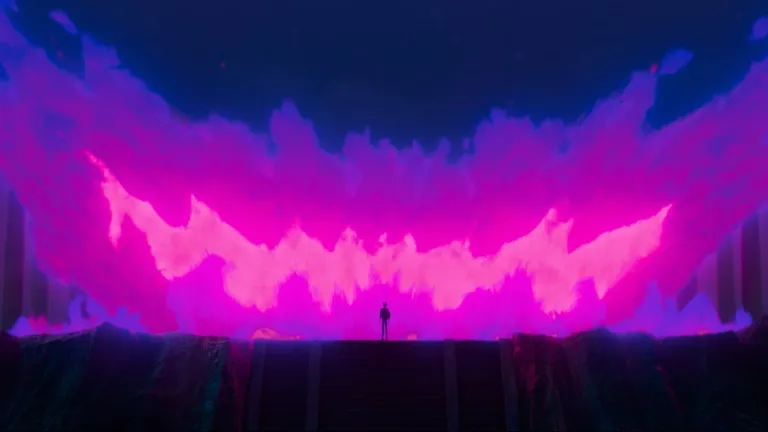 Gwi ma the demon king in kpop demon hunters a Lone Figure Stands on a Dark Stage with a Neon Pink and Purple Light Curtain Behind Them
