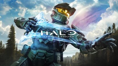 Halo: Campaign Evolved cover featuring a teal-blue armored Spartan extending a glowing energy blade in a forested landscape with a distant planet in the sky.