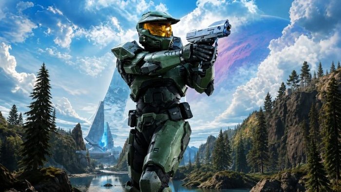 Green armored futuristic soldier aims a pistol in a mountainous forest scene with a blue sky and large planet in the background