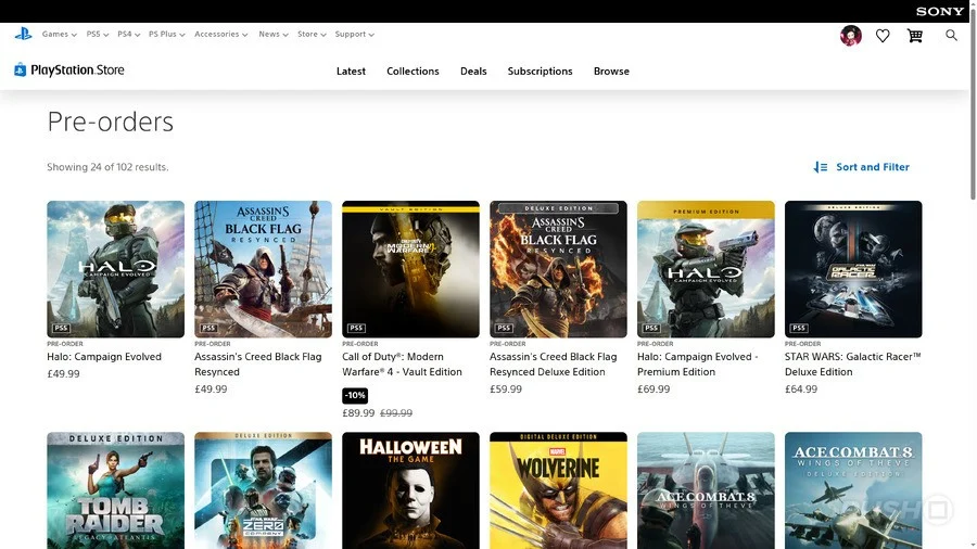 Playstation Store Pre orders Page Showing a Grid of Game Cover Tiles with Prices Underneath Each Title