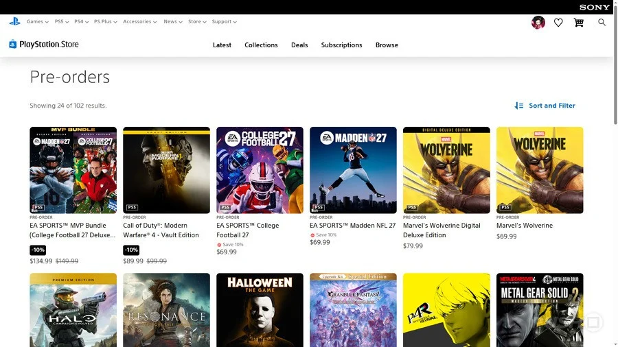 Playstation Store Pre orders Page Showing 24 of 102 Results with Game Cover Tiles and Prices Beneath Each Title