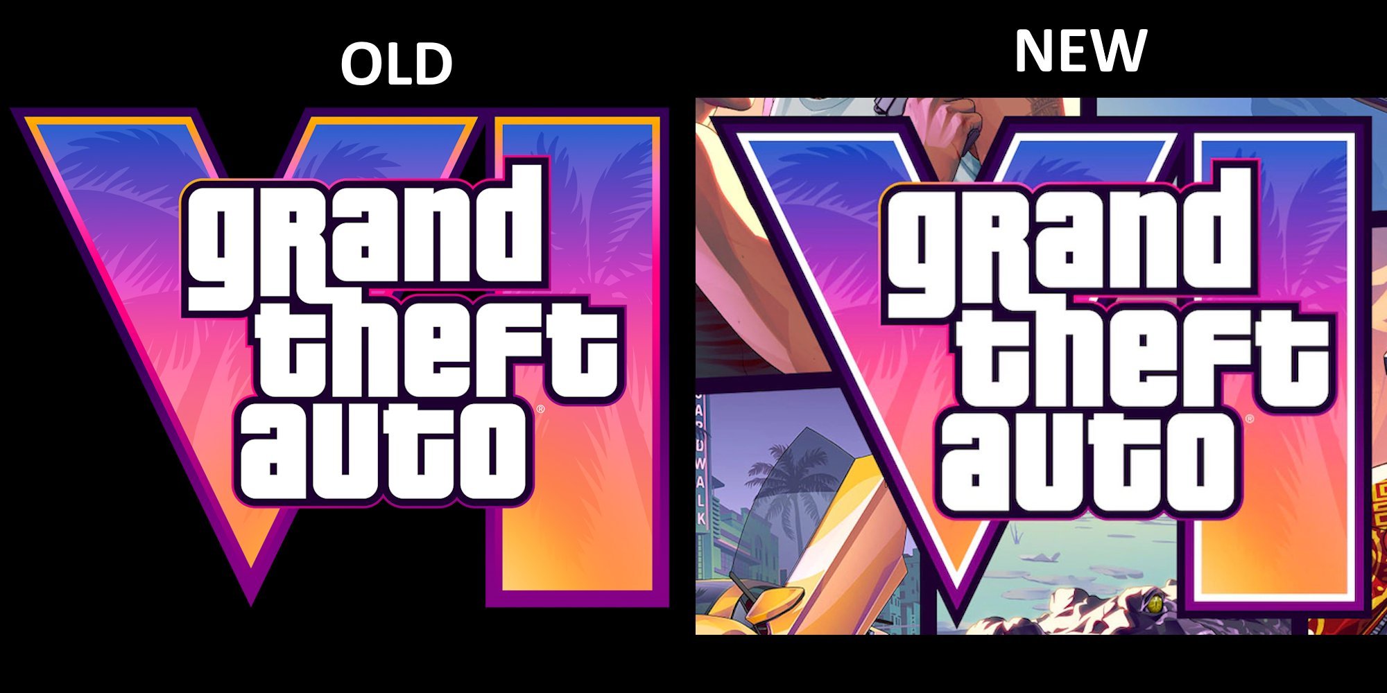 Comparison Image Old Versus New Grand Theft Auto V Cover Art with Bold V shaped Frame and Gradient Purple pink Colors on Black Background