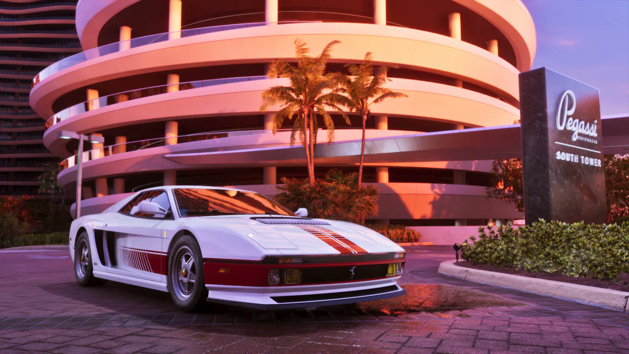 Hlkh0s6wgaafwtx White Sports Car with a Red Racing Stripe Parked on a Curved Driveway in Front of a Circular Multi level Hotel at Sunset