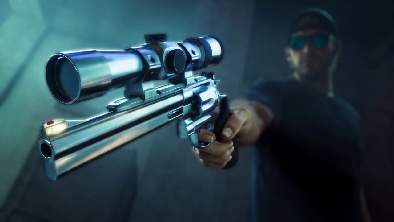 Close up of a Person Aiming a Silver Scoped Sniper Rifle Toward the Camera in a Dimly Lit Setting