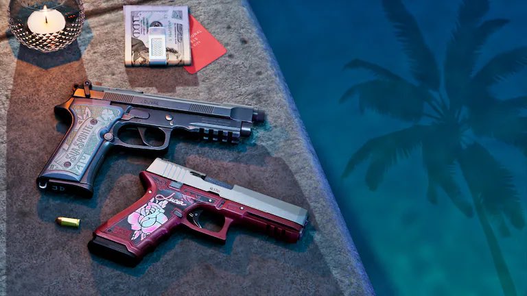 Two Handguns Lie on a Poolside Ledge Beside Cash Cards and a Candle with a Bullet Casing Nearby and Blue Pool Water in the Background