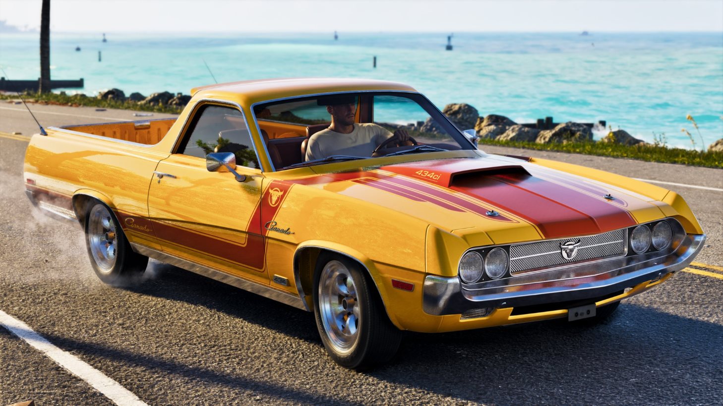 Hlkjwbowoaepn2p Yellow Vintage Muscle Car with Red Racing Stripes Driving Along a Coastal Road by the Turquoise Ocean