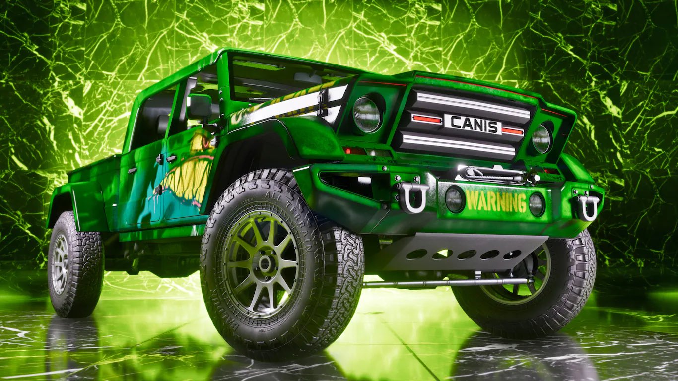 Hlkkemgxcaa2 ni Front Three quarter View of a Lime green Off road Suv with Canis Badge and a Bright &aposwarning&apos Plate on the Bumper