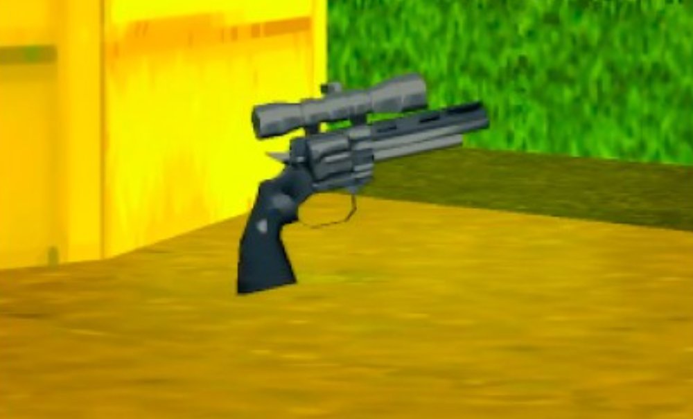 a Revolver with a Mounted Scope Lying on the Orange Ground Near a Yellow Wall in a Bright Outdoor Setting video Game Scene