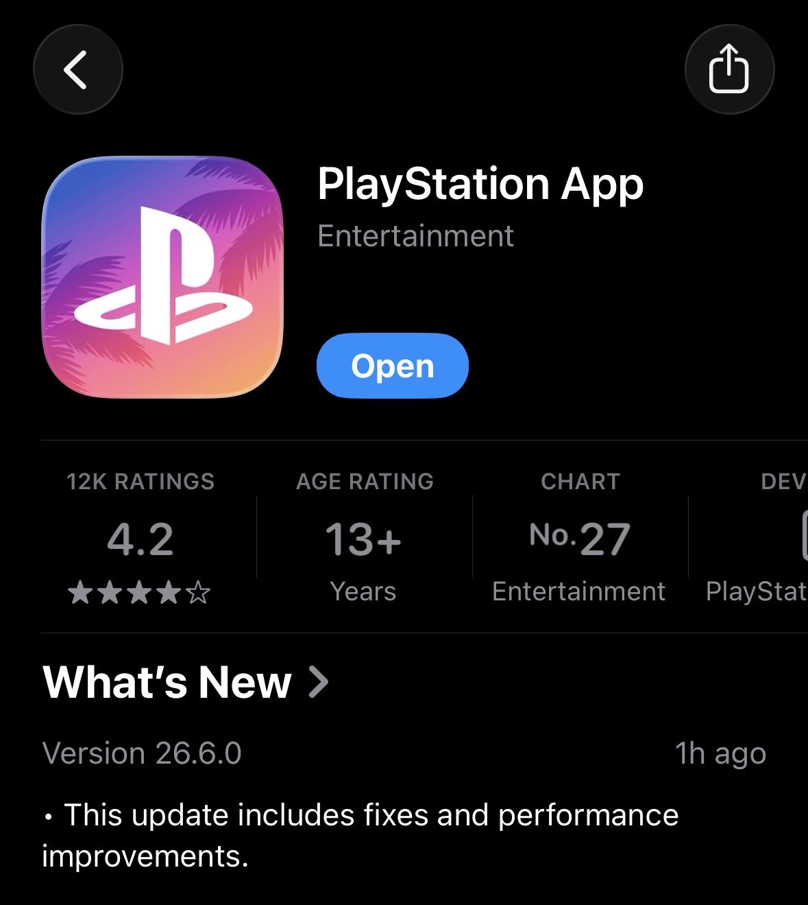 App Store Listing for Playstation App App Icon Title Category Entertainment and an Open Button Visible on a Dark Background with User Rating and Details Beneath