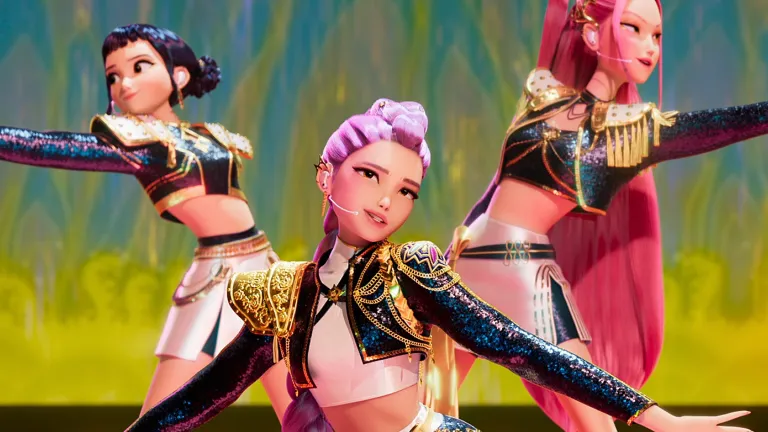 Huntr x in kpop demon hunters Three Toy like Dancers in Glittering Jackets Perform a Synchronized Dance on a Bright Stage Center Dancer Has Purple Hair and Outstretched Arms