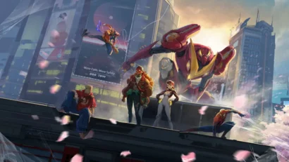 Team of heroes on a rooftop confronts a giant pink robotic foe in a neon futuristic cityscape.