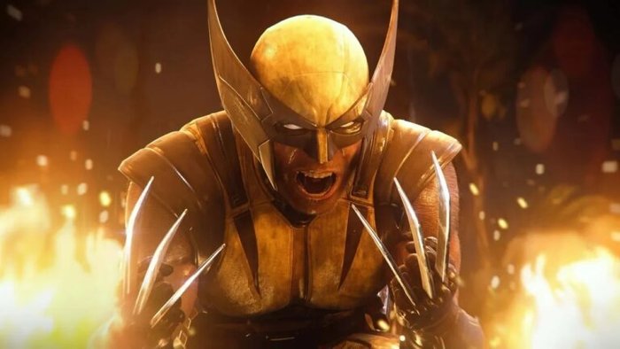 Wolverine in gold armor charging with claws extended amid flames