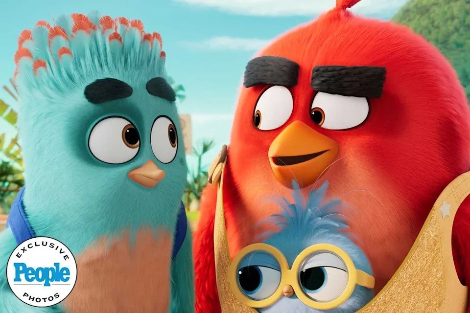 Three Colorful Animated Birds Stand Close Together Outdoors a Red Bird on the Right a Turquoise Bird on the Left and a Small Blue Bird Wearing Oversized Yellow Glasses in the Center