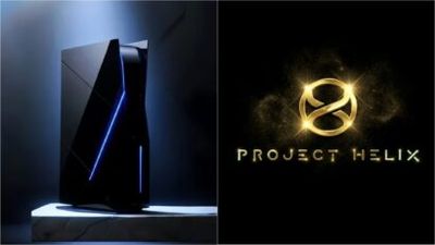 Futuristic black gaming console with blue neon accents, angled against a dark blue backdrop on a white pedestal (left panel).