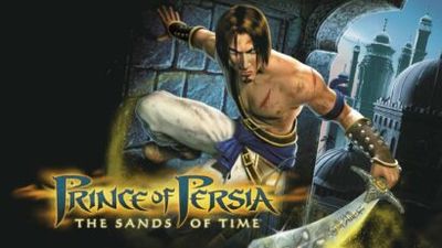 Promotional poster for Prince of Persia: The Sands of Time showing a battle-worn warrior mid-leap with a drawn sword before ancient city architecture.