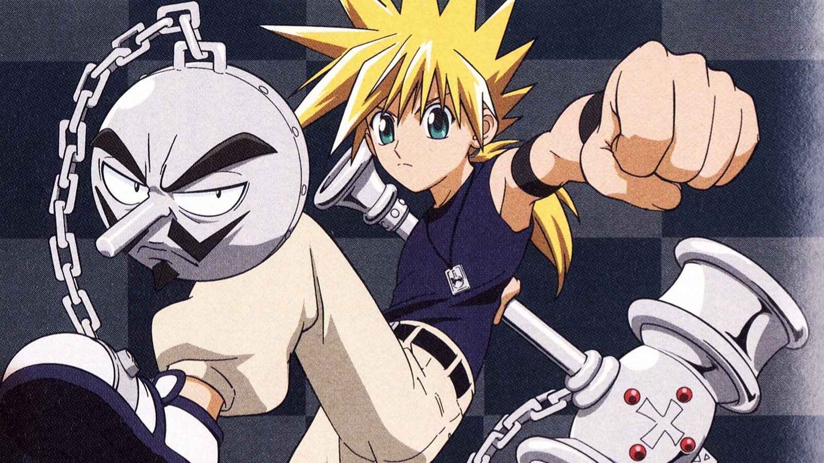Q8tz8aft1uvvnf9tfip4vdvrq5f 11zon Young Anime Hero with Spiky Blond Hair Delivers a Punch Toward the Viewer with a Chained Gray Ball Creature Beside Him