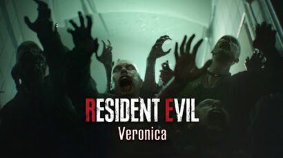 Zombie horde reaching toward the camera in a dim, green-tinted hallway with the title 'Resident Evil: Veronica' overlaid in bold red/white letters.