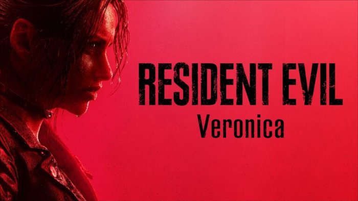 Side profile of a woman in a dark jacket against a red background with the title RESIDENT EVIL Veronica.