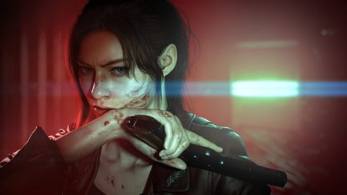 Tiered: A tense woman with dirt and blood on her face and hands rests a shotgun on her forearm, with red police lights blurred in the background.