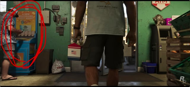 Back View of a Man in a Gray Shirt and Dark Shorts Walking into a Store Through a Green Entrance a Child Stands Near a Blue Vendingcheckout Area on the Left