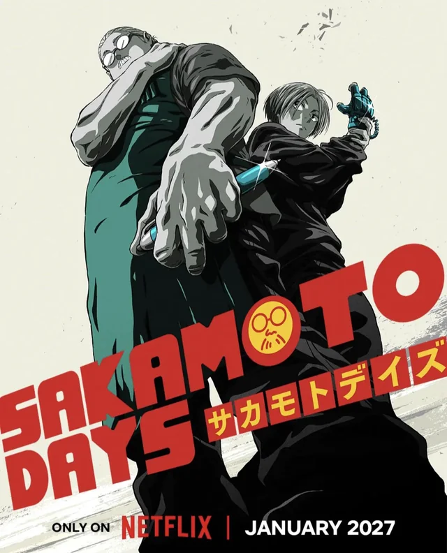 Ssss Poster for Sakamoto Days on Netflix Featuring Two Action Figures Back to back and Bold Red Title Text January 2027 Release Date Visible