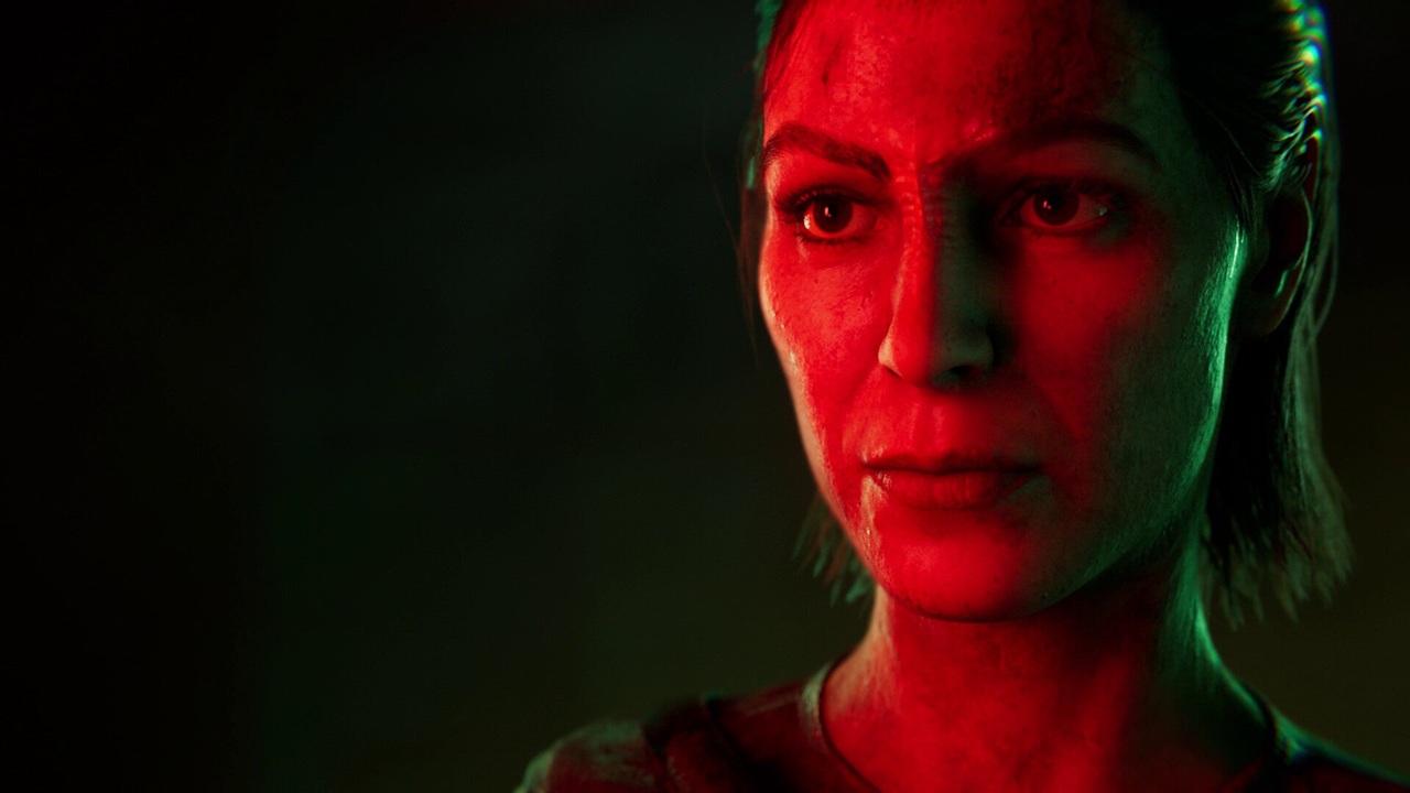 Star Trek Shadow Frontier Close up of a Woman with a Tense Expression Illuminated by Red and Green Lighting Against a Dark Background Creating a Dramatic Mood
