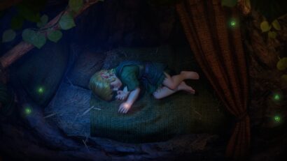 Elf doll sleeping on a green woven mat in a dark cave, with tiny glowing green orbs around.